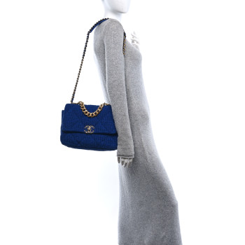CHANEL Tweed Quilted Large Chanel 19 Flap Blue