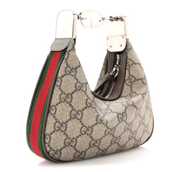 GUCCI GG Supreme Monogram Textured Calfskin Web Mini Attache Shoulder Bag Beige Ebony New Acero