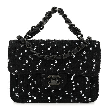 CHANEL Tweed Sequin Quilted Double You Mini Flap So Black
