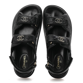 CHANEL Grained Calfskin Velcro Dad Sandals 37.5 Black