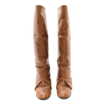 CHANEL Calfskin Quilted CC High Boots 37.5 Brown