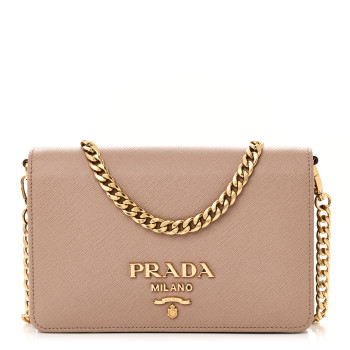 PRADA Saffiano Lux Metal Logo Mini Flap Chain Shoulder Bag Cammeo