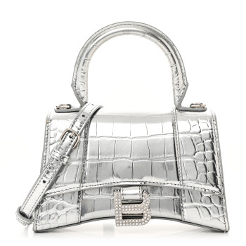 BALENCIAGA Metallic Calfskin Crocodile Embossed Crystal Hourglass Top Handle Bag XS Silver
