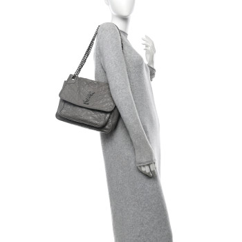 SAINT LAURENT Crinkled Calfskin Matelasse Monogram Medium Niki Chain Satchel Fog