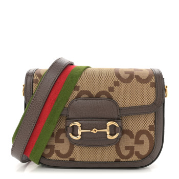 GUCCI Monogram Jumbo GG Textured Dollar Calfskin Web Mini Horsebit 1955 Shoulder Bag  Camel Ebony New Acero