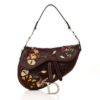 CHRISTIAN DIOR Calfskin Embroidered Romantic Flowers Saddle Bag Brown
