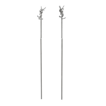 SAINT LAURENT Metal Monogram Pendant Threader Earrings Silver