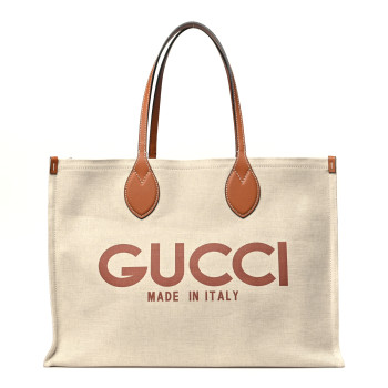 GUCCI Canvas Calfskin Logo Maxi Tote Bag Beige Light Brown