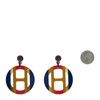 HERMES Lacquered Horn H Equipe Earrings Bleu Multicolor