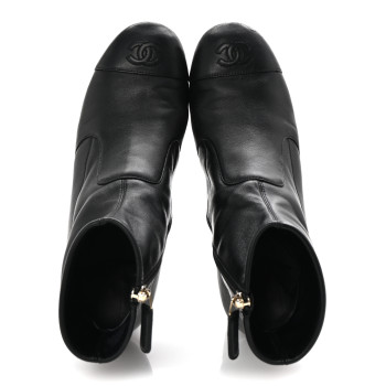 CHANEL Stretch Lambskin Cap Toe CC Short Boots 38.5 Black