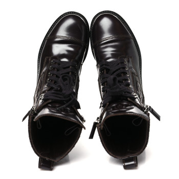 CHANEL Shiny Calfskin Quilted CC Lace Up Combat Boots 38 Dark Burgundy