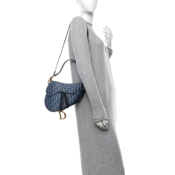 CHRISTIAN DIOR Denim Oblique Jacquard Saddle Bag With Strap Blue