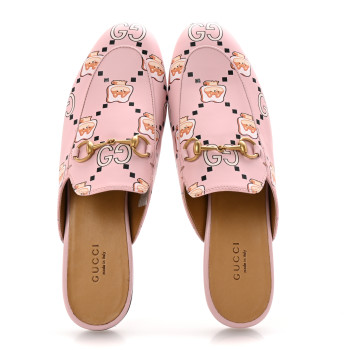 GUCCI X PIKARAR Calfskin Monogram Print Womens Princetown Slippers 38.5 Pink Multicolor