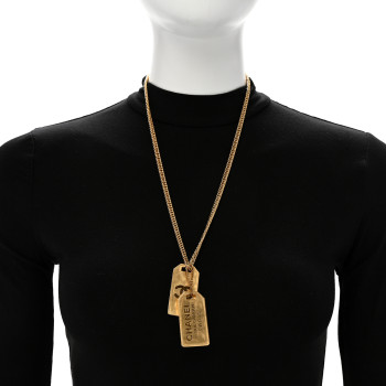 CHANEL ID Dog Tag Charm Necklace Gold