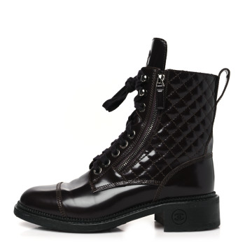 CHANEL Shiny Calfskin Quilted CC Lace Up Combat Boots 38 Dark Burgundy