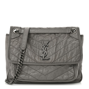 SAINT LAURENT Crinkled Calfskin Matelasse Monogram Medium Niki Chain Satchel Fog