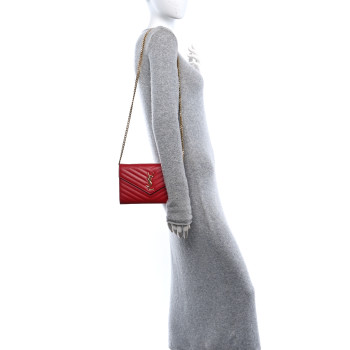 SAINT LAURENT Grain De Poudre Matelasse Chevron Monogram Chain Wallet Red
