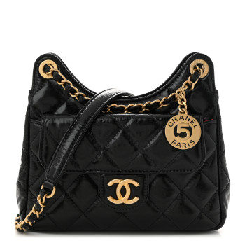 CHANEL Shiny Crumpled Calfskin Quilted Small Wavy CC Hobo Black