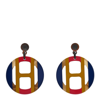 HERMES Lacquered Horn H Equipe Earrings Bleu Multicolor