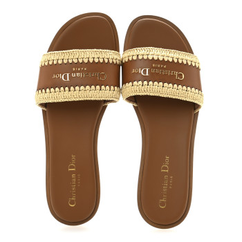 CHRISTIAN DIOR Calfskin Raffia Dioriviera D-Lane Flat Slide Sandals 38 Camel
