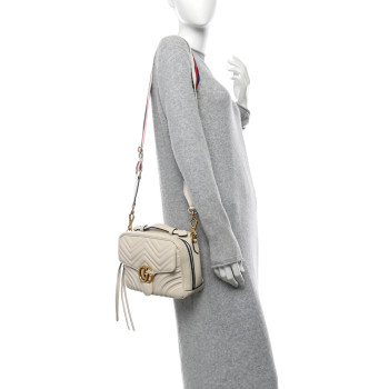 GUCCI Calfskin Matelasse Sylvie Web Small GG Marmont Top Handle Shoulder Bag White
