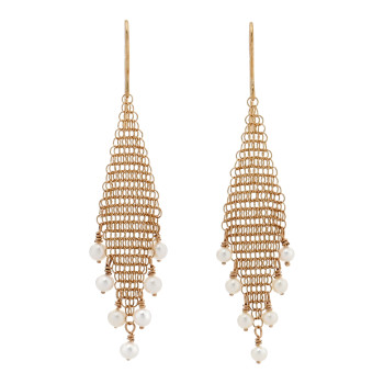 TIFFANY 18K Yellow Gold Cultured Pearl Elsa Peretti Mesh Fringe Earrings