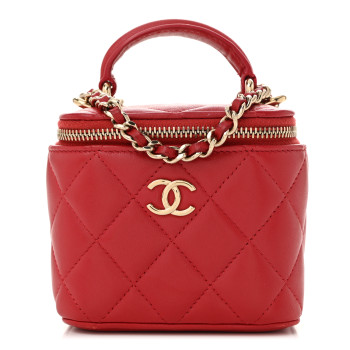 CHANEL Lambskin Quilted Top Handle Mini Vanity Case With Chain Red