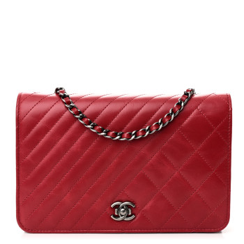 CHANEL Glazed Calfskin Quilted Coco Boy Wallet On Chain WOC Red