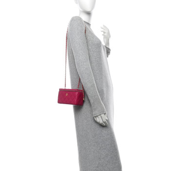 CHANEL Lambskin Quilted Small Pearl Crush Vanity Case With Chain Fuchsia