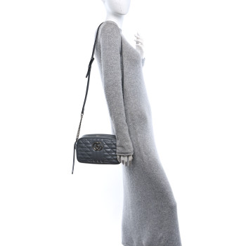GUCCI Calfskin Matelasse Aria Small GG Marmont Chain Shoulder Bag Deep Grey