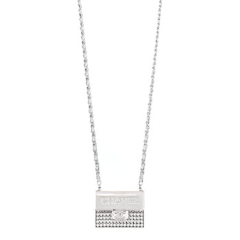 CHANEL Metal Lambskin Strass Crystal Purse CC Long Necklace Silver