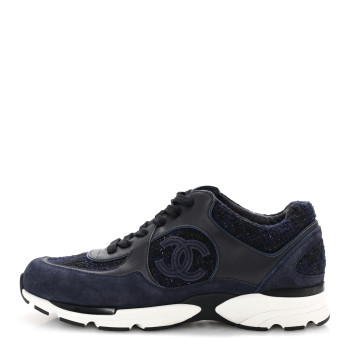 CHANEL Tweed Suede Calfskin Mens CC Sneakers 43 Navy