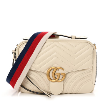 GUCCI Calfskin Matelasse Sylvie Web Small GG Marmont Top Handle Shoulder Bag White