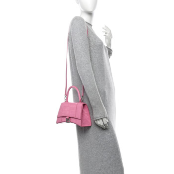 BALENCIAGA Shiny Calfskin Crocodile Embossed Small Hourglass Top Handle Bag Baby Pink