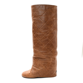 CHANEL Calfskin Quilted CC High Boots 37.5 Brown