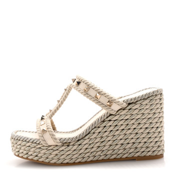 VALENTINO GARAVANI Calfskin Rockstud Ankle Strap Torchon Espadrille Caged 25/95mm Wedge Sandals 38 Light Ivory