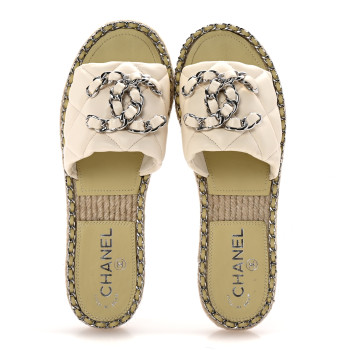 CHANEL Lambskin Quilted CC Chain Espadrille Mules 37 White