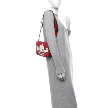 GUCCI X ADIDAS Textured Dollar Calfskin Web Trefoil Mini Horsebit 1955 Shoulder Bag Hibiscus Red Off White