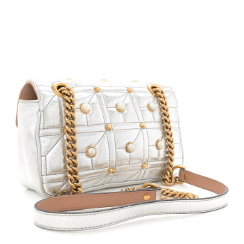 GUCCI Metallic Calfskin Matelasse Studded Mini Pearly GG Marmont Shoulder Bag Silver