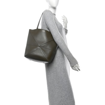 LOEWE Shiny Calfskin Medium Puzzle Fold Tote Umber
