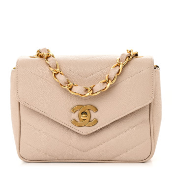 CHANEL Caviar Chevron Quilted Mini Square Flap Light Beige