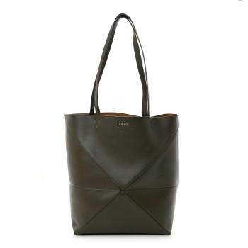 LOEWE Shiny Calfskin Medium Puzzle Fold Tote Umber