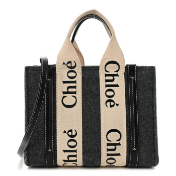 CHLOE Felt Calfskin Small Woody Ribbon Tote With Strap Cashmere Grey