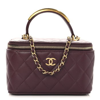 CHANEL Lambskin Quilted Metal Small Top Handle Vanity Case With Chain Burgundy
