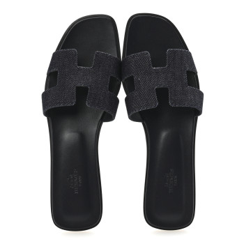HERMES Denim Canvas Oran Sandals 41 Bleu Brut