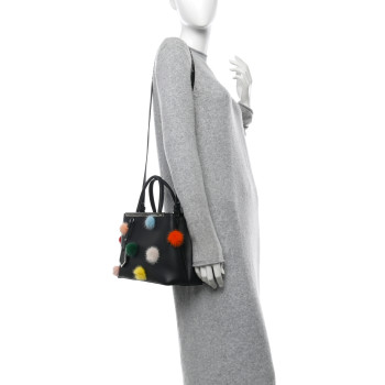 FENDI Vitello Dolce Mink Fur Pom Pom Petite 2Jours Tote Black Multicolor