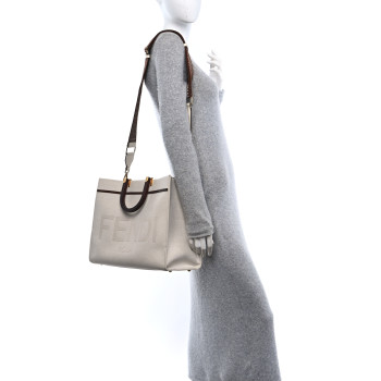 FENDI Canvas Vitello King Logo Embroidered Medium Fendi Sunshine Shopper Tote Grezzo Ghianda