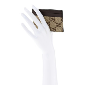 GUCCI GG Monogram Calfskin Card Holder Beige Ebony Cuir