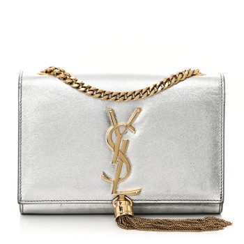 SAINT LAURENT Metallic Calfskin Small Classic Monogram Kate Tassel Satchel Silver