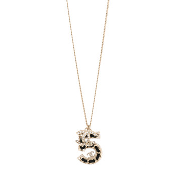 CHANEL Lambskin Crystal CC Number 5 Pendant Necklace Gold Black